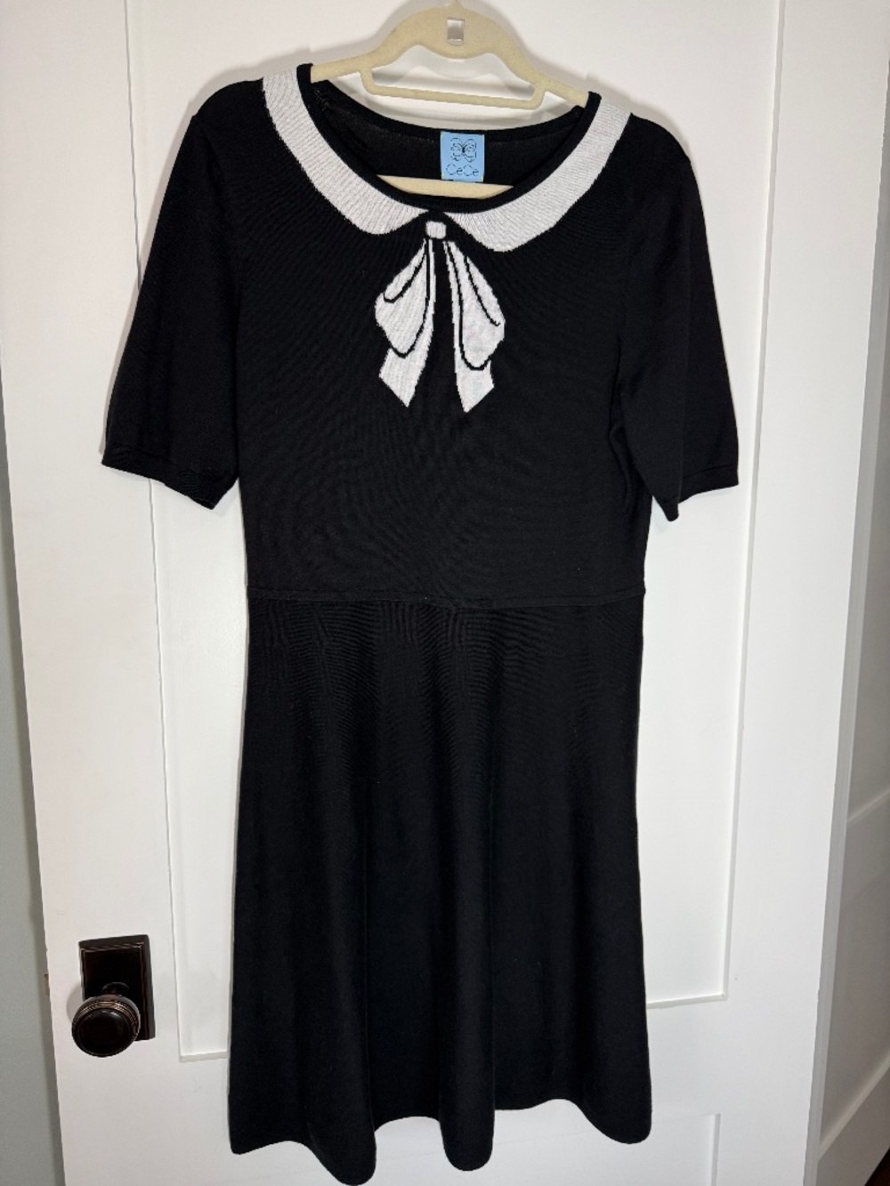CeCe Black Fit & Flare Dress White Bow Collar Size Large